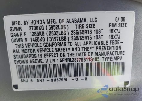 2006 Honda Odyssey Ex-L z USA, uszkodzony, nr VIN 5FNRL38776B113195